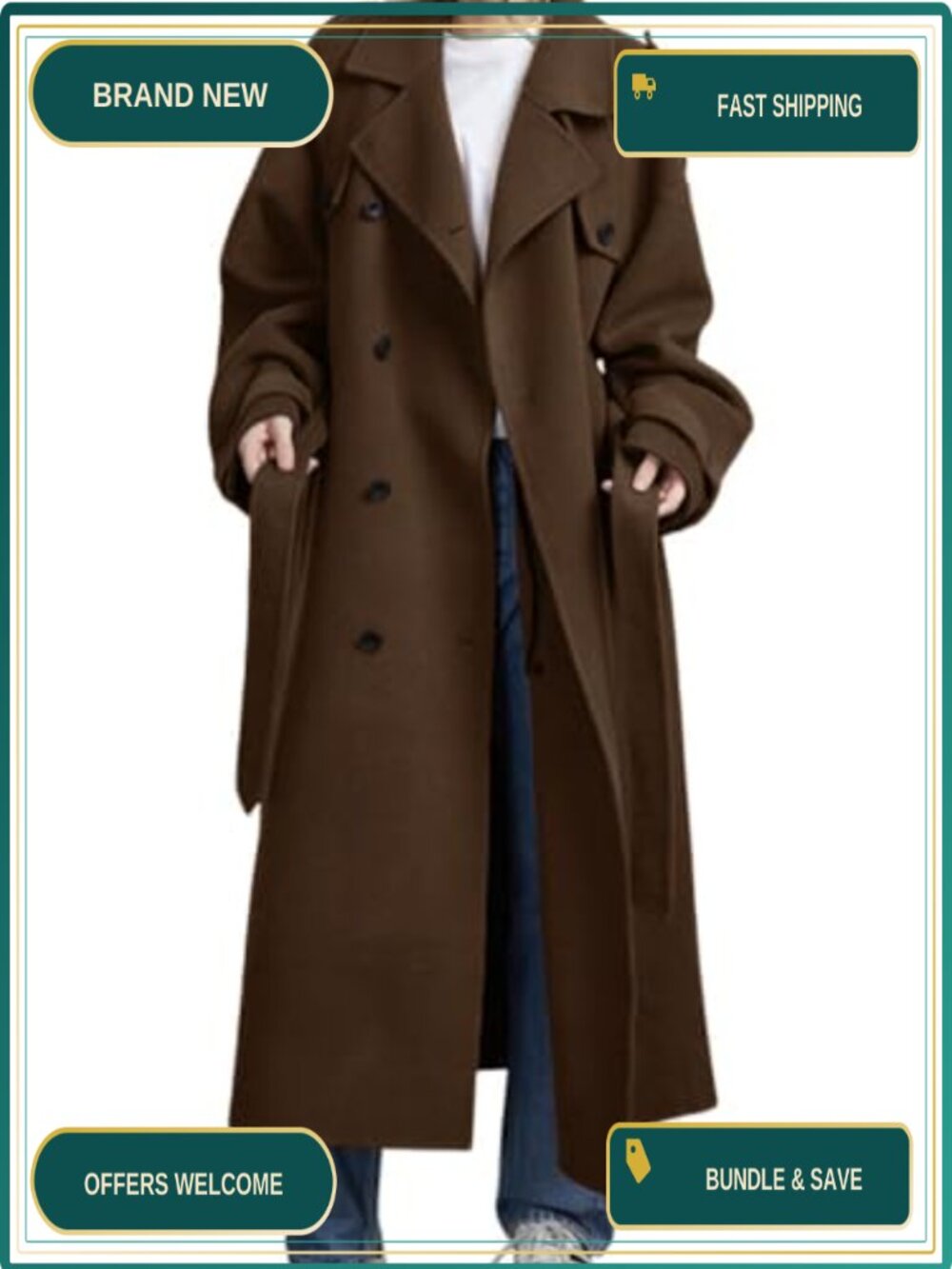 Double Breasted Wool Blend Midi Winter Trench Coat with Belt
